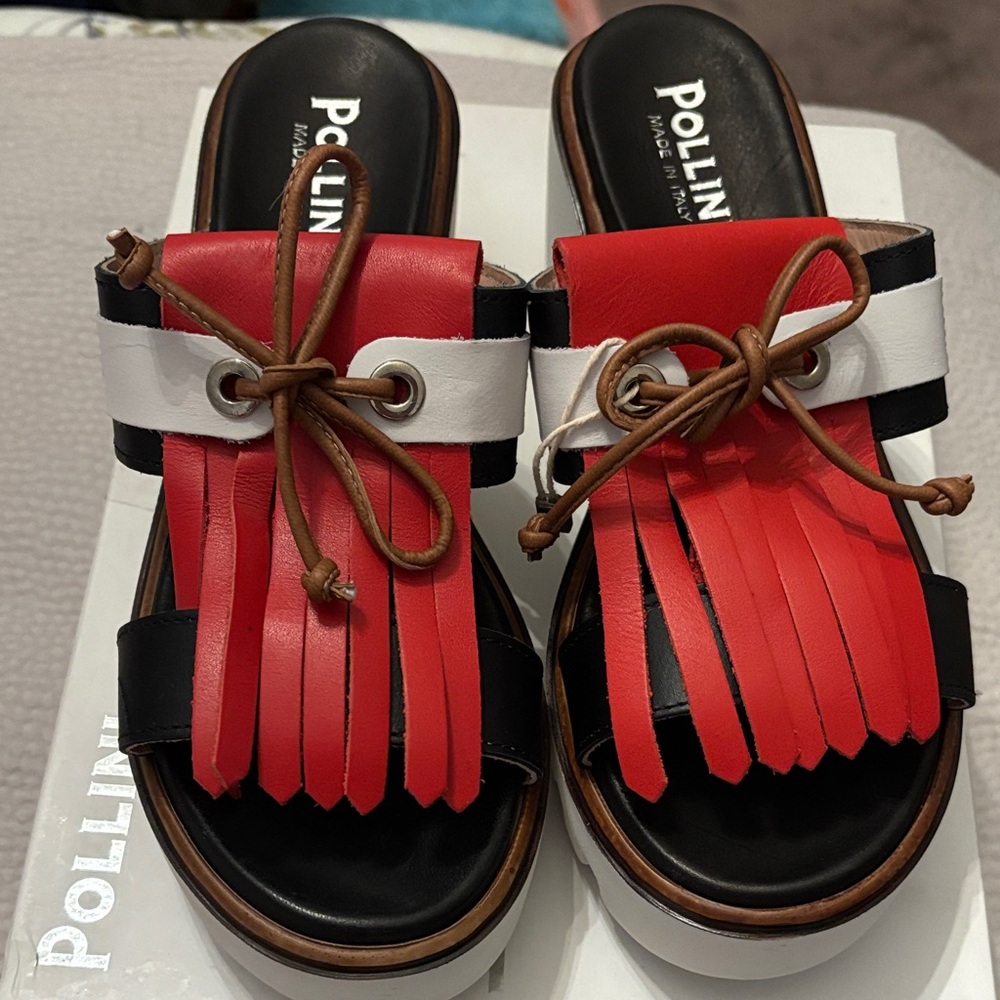 Pollini Women’s Red, White & Black Fringe Slide Sandals new in box - Picture 2 of 10